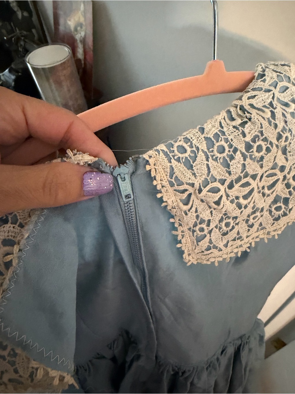 Vintage 1960’s party dress with Lace Collar in Light Blue - Picture 6 of 8